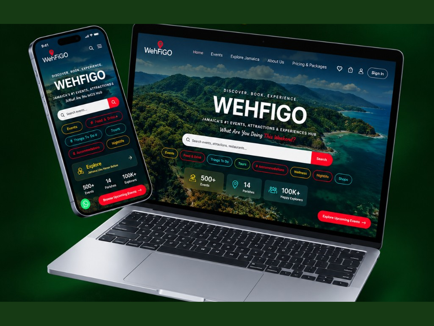 Events & Marketplace website on laptop and phone