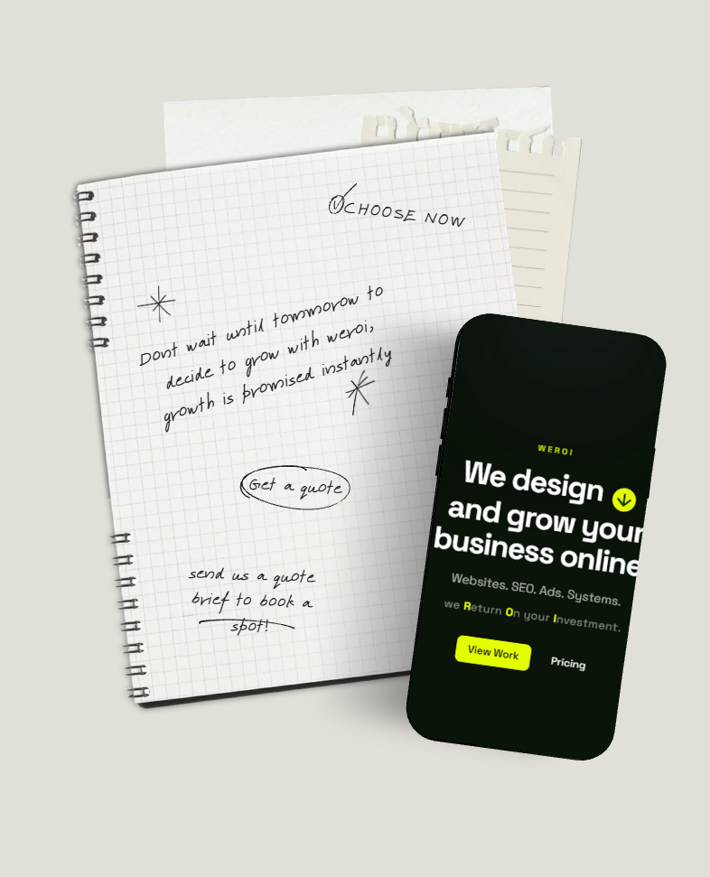 weROI on phone beside a notebook with growth notes